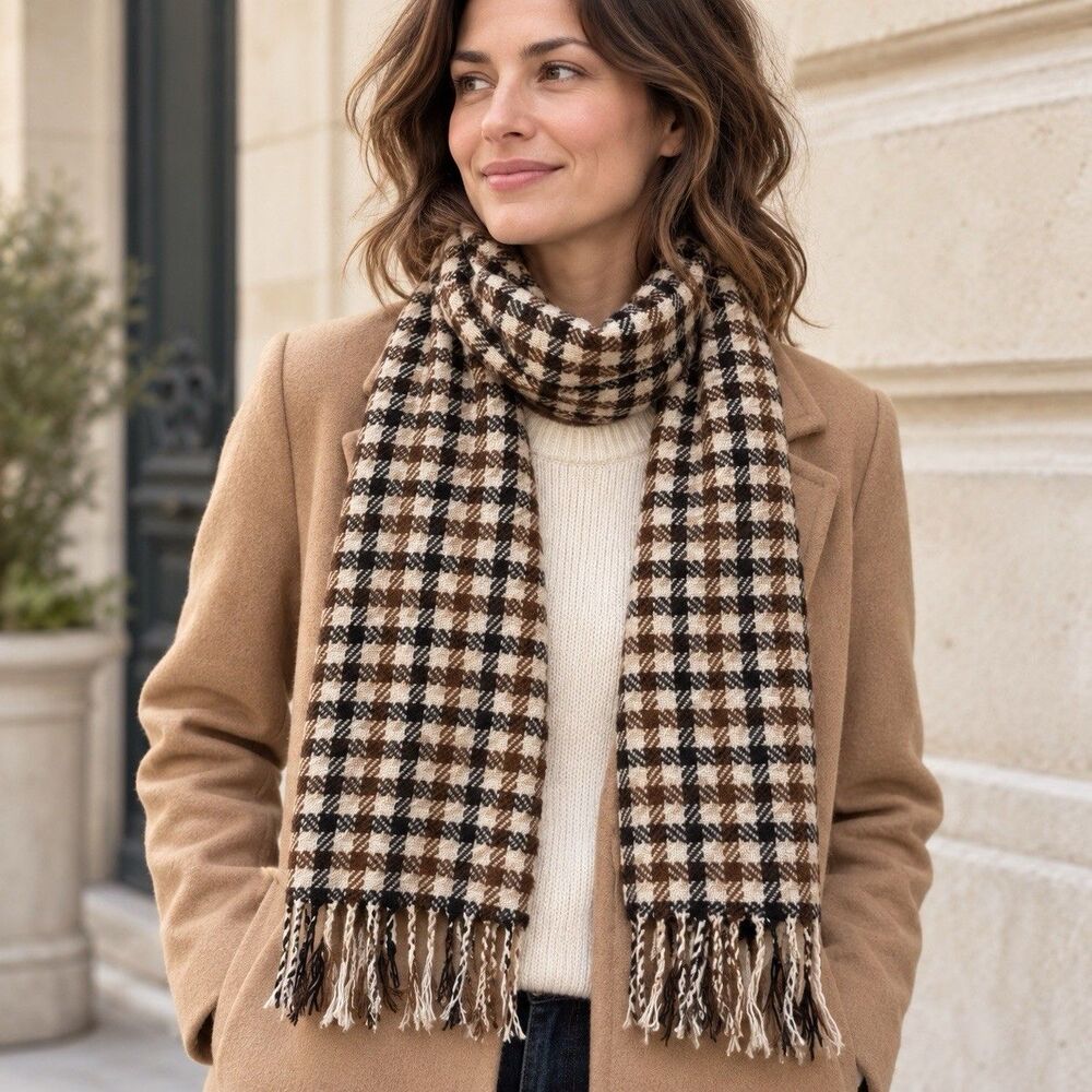Brown Black Cream Houndstooth Scarf Fringe Classic Preppy French Fall Winter